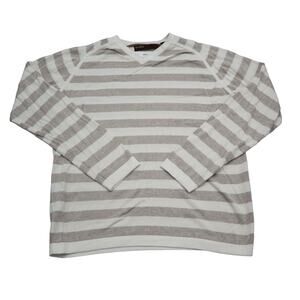 Pery Ellis Sweater Mens M White Brown Border Stripe Long Sleeve VNeck